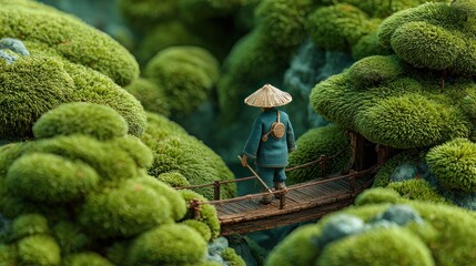 Whimsical Journey: Contemplative Figure Crossing a Mossy Bridge in a Dreamlike Landscape