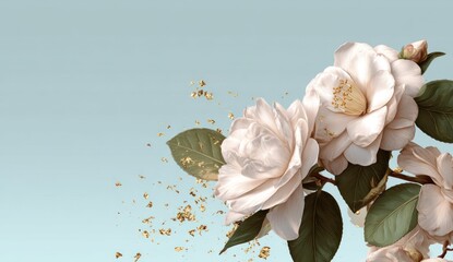 Delicate, light-pink flowers and leaves are highlighted against a soft powder-blue background, with a gentle golden glitter effect.