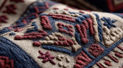 Detailed close-up showcases traditional embroidery on textile, rich in pattern