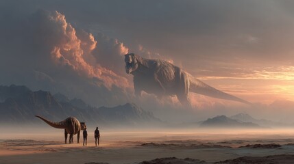 Giant dinosaurs roaming the earth in a foggy sunset landscape