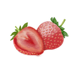 Watercolor-style strawberries, ripe and red, with green leaves. Perfect for food, fruit, and dessert themes, evoking summer freshness, health, and family-friendly snacking in vibrant visuals.