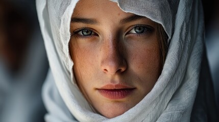 Striking portrait of a young woman with captivating blue eyes and scarf