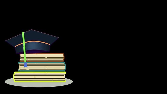 A playful 4K animated of a stack of books topped with a graduation cap, perfect for video or digital learning. vividly conveys study, teacher, knowledge, and education.