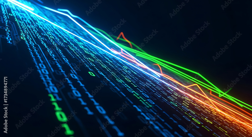 Wall mural digital data flow with binary code and colorful stock market graphs image photo