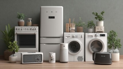 Elegant arrangement of essential household appliances with fresh green plants