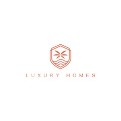 A luxury logo for real estate, apartments, commercial buildings, and beach resorts, featuring a palm tree roof, water, waves, and an elegant shield representing comfort.
