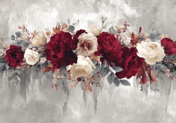 A sophisticated floral arrangement of deep burgundy and creamy white blooms, set against a textured backdrop of muted greys and rich tones.