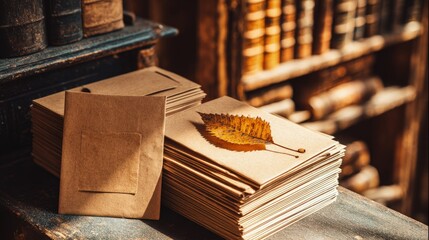 Vintage Stacked Papers And Autumn Leaf On Wooden Desk In Library