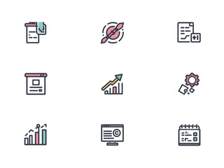 Collection of business elements representing data analysis, planning, and growth on a clean white backdrop, conveying a modern and organized feel.