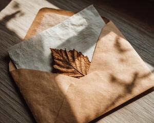 Autumnal Letter In Brown Envelope With Dried Leaf