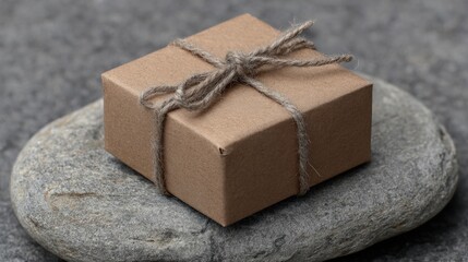 Simple Gift Wrapped in Brown Paper on Gray Stone