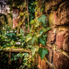 Ivy Plant Growing On Old Brick Wall