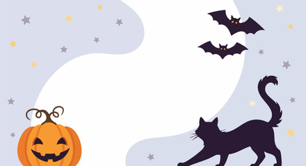 A charming Halloween scene featuring a jack-o'-lantern, a black cat silhouette, and flying bats against a soft blue sky with stars