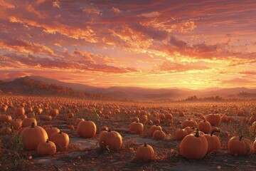 Golden Pumpkin Field At Sunset