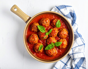 Rustic Pan of Savory Meatballs Simmering in Rich Tomato Sauce with Fresh Basil.