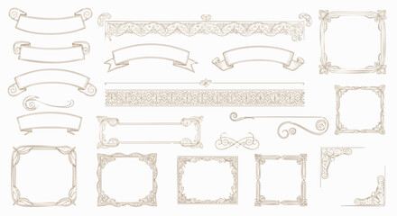 A collection of ornate vintage banners, frames, and decorative borders in a delicate, hand-drawn style, perfect for elegant graphic design projects