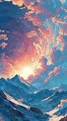 Pixel Art Snowy Mountains Sunset Landscape