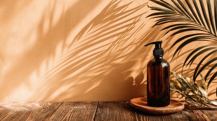 Brown Glass Bottle With Pump On Wooden Tray Under Palm Leaf Shadows