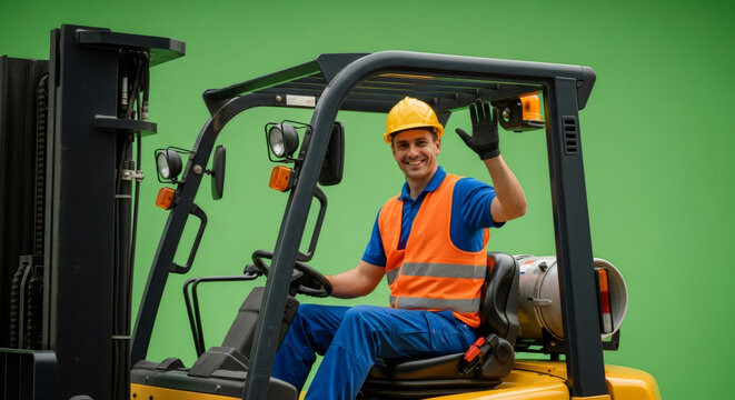Man forklift operator waving hand, looking at camera. Happy worker sitting in vehicle, smiling. Chromakey effect.