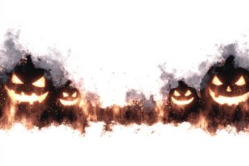 A row of spooky Halloween jack-o'-lanterns with glowing evil faces, surrounded by intense fire and smoke.
