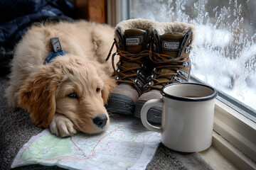 Winter hiking dog windowsill cozy rest