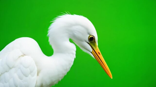 A pristine white great egret gracefully moves its head, showcasing its vivid orange beak and sharp eye against a bright green screen background.