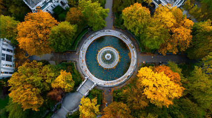 Bird’s eye view park fountain autumn scene