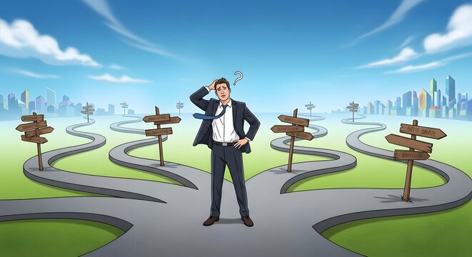 confusion man illustration Man at a crossroads with multiple paths and signposts, looking confused
