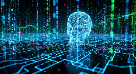 Digital Skull Formed from Binary Code on a Circuit Board Background technology abstract