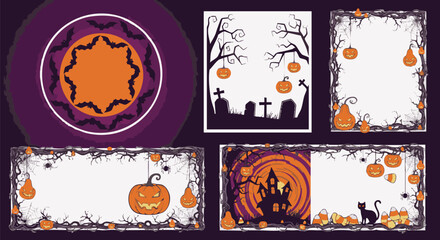 Collection of spooky Halloween frames, banners, and backgrounds featuring carved jack-o'-lanterns, bats, haunted trees, and candy corn elements