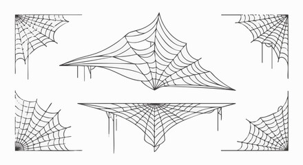 Collection of stylized, hand-drawn spider web graphics in black and white outline