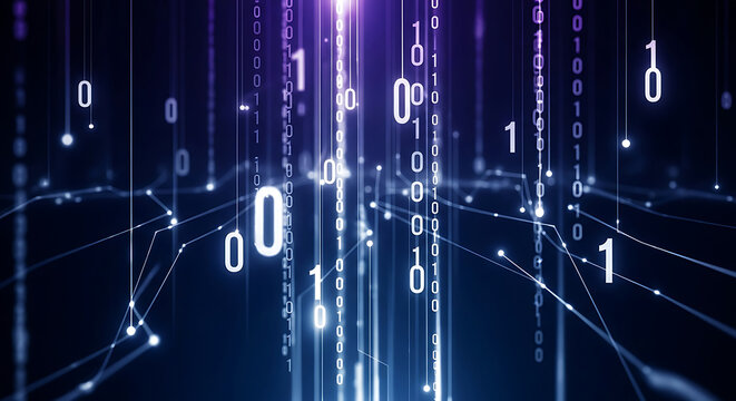 Falling Binary Digits with Glowing Network of Lines and Dots code data - Powered by Adobe