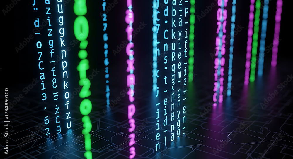 Wall mural falling columns of neon colored binary code and characters technology data
