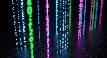 Falling Columns of Neon Colored Binary Code and Characters technology data