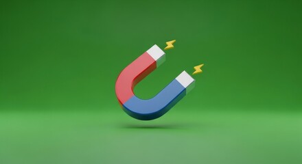 Red and blue magnet with lightnings isolated on green screen background for video effect. Attraction concept with electromagnetism.