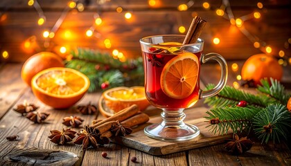 Cozy Holiday Scene: Warm Mulled Wine with Citrus, Spices, and Festive Lights