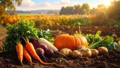 Harvest bounty: a colorful assortment of seasonal vegetables in a sunny field