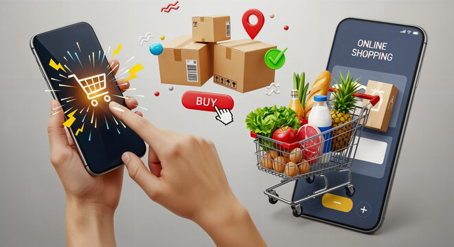 Fast and Effortless E-commerce Online Grocery Shopping and Home Delivery Two Smartphones Revolutionize the Digital Buying Experience