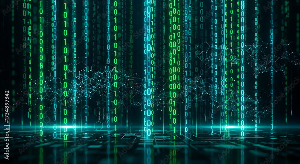 Wall mural falling green binary code and digital network connections image photo