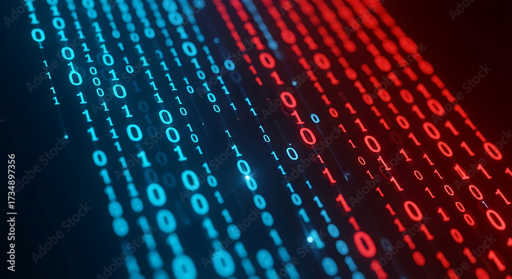 Wall mural flowing binary code in contrasting blue and red light streams data stream technology