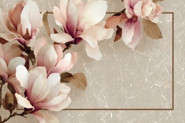 Delicate magnolia blossoms in muted tones, artfully arranged against a textured backdrop of a light taupe stone-like design, create a calming and elegant floral art piece.