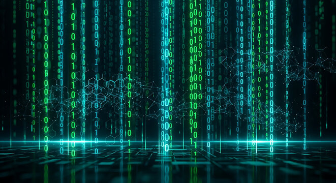 Falling Green Binary Code and Digital Network Connections image photo