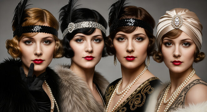 Four 1920s flapper women vintage elegance and roaring party glamour symbolizing freedom and Art Deco style