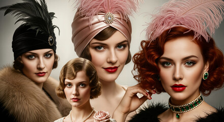 Obraz premium Four Alluring Flapper Women Twenties Style Luxury and Feathers Jazz Glamour Unveils Their Bold Retro and Fatal Seduction