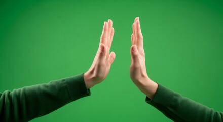 Woman hand gesture high five on chroma key. Expression of success between two people. Green screen effect for celebration or teamwork.