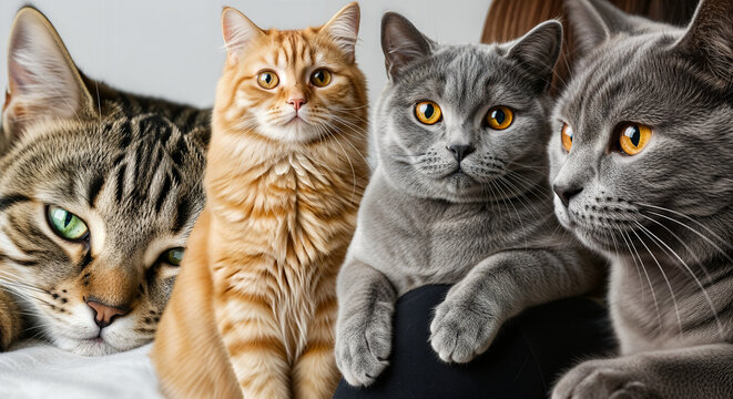Four beautiful cats of different breeds posing for an intense and affectionate group portrait, celebrating feline friendship