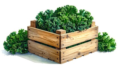 Fresh Kale in a Wooden Crate: A Vibrant Still Life Depiction