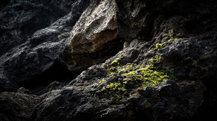 Obraz premium Dark volcanic rock formations with moss