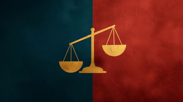A visually striking representation of a golden scale of justice on a textured background, divided into red and dark blue sections, symbolizing balance and fairness.