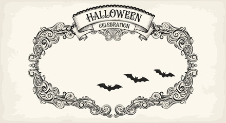 Ornate vintage Halloween celebration frame with decorative filigree and flying bats